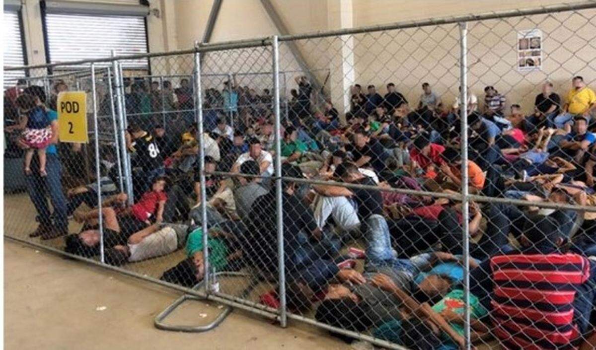 A report from government auditors includes images of people penned into overcrowded Border Patrol facilities. This photo was taken at the Border Patrol’s station in McAllen, Texas