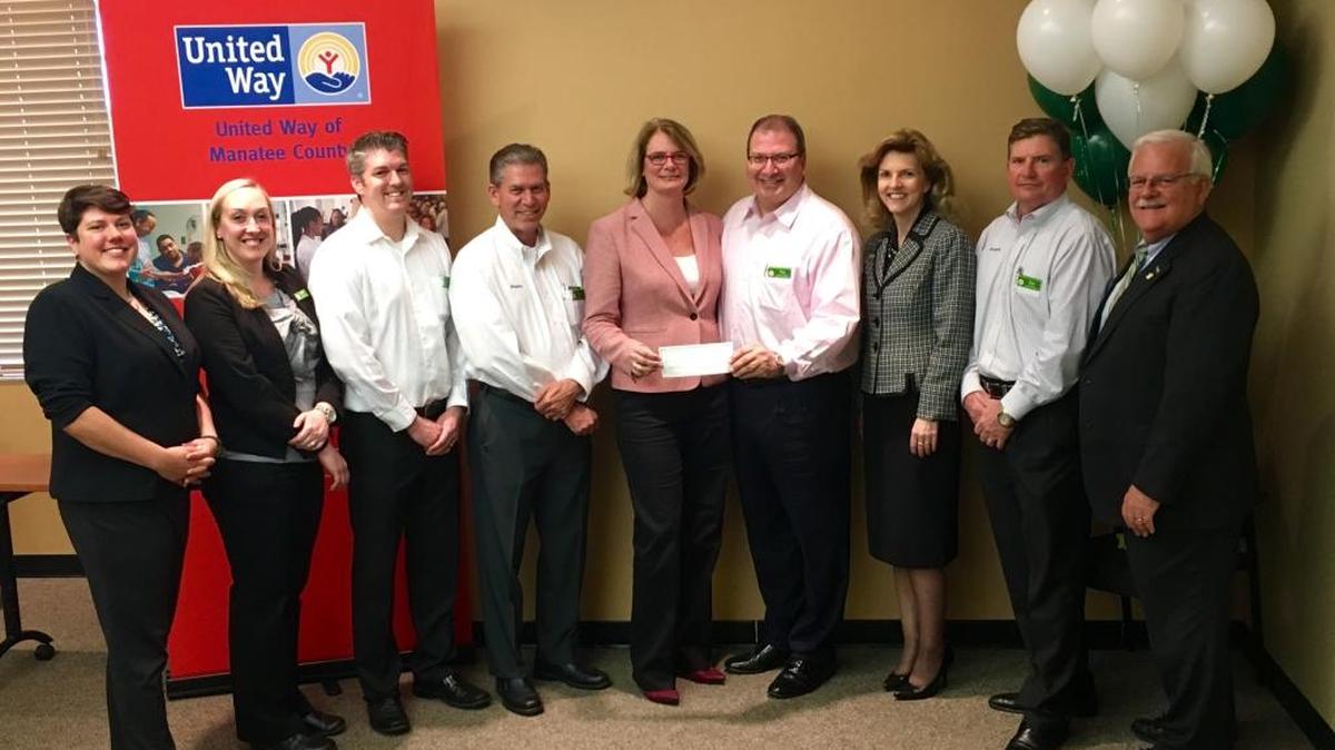 United Way of Manatee County proudly celebrates a record United Way campaign with Publix Super Markets. On March 23, Publix Super Markets Charities presented a check to the United Way of Manatee County for $351,000, which represents a 75 percent corporate match made to support the many generous associates who gave during the campaign. Together, Publix Super Markets associates and Publix Super Markets Charities will invest $819,097 in the work of United Way. From left, Katie Becker, Director of Resource Development of United Way of Manatee County; Kallie Kennedy, Publix; Ryan Kennedy, Publix; Kevin Ferry, Publix; Bronwyn Beightol, Senior VP and COO, United Way of Manatee County; Tim Henning, Publix; Anne Lee, United Way of Manatee County Board Chair; Dan Murphy, Publix; and Phillip Brown, United Way President.