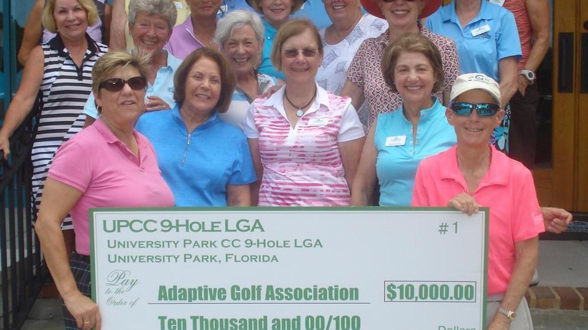 Physically and cognitively challenged students who take golf lessons from the Adaptive Golf Association (AGA), gained a significant stroke of good fortune thanks to the University Park Country Club’s 9-Hole Ladies Golf Association’s recent $10,000 donation. The check, presented to the AGA on May 4, will be used in the AGA’s golf classes/lessons for students of all ages. From left, Deborah Shuck and Candy Frey with the American Golf Association, accept the check from 9-Hole LGA membership at University Park Country Club. The donation was made from the proceeds of a charity event held in March at the University Park Country Club. Adaptive Golf is a non-profit, all-volunteer group who teach golf to all levels of ability. They hold weekly classes locally at Tatum Ridge Golf Club in Sarasota.
