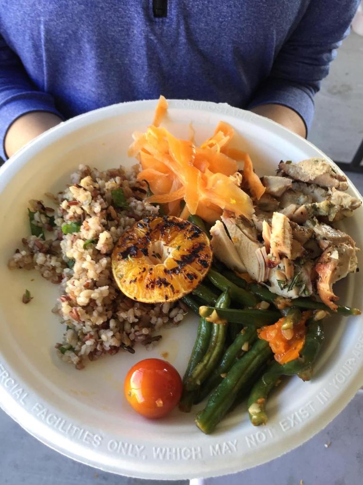 Homestead Hospital grows its own fruits and vegetables. Every year the hospital grows thousands of pounds of produce. Pictured is a dish featuring a quinoa salad, green beans and grilled chicken.