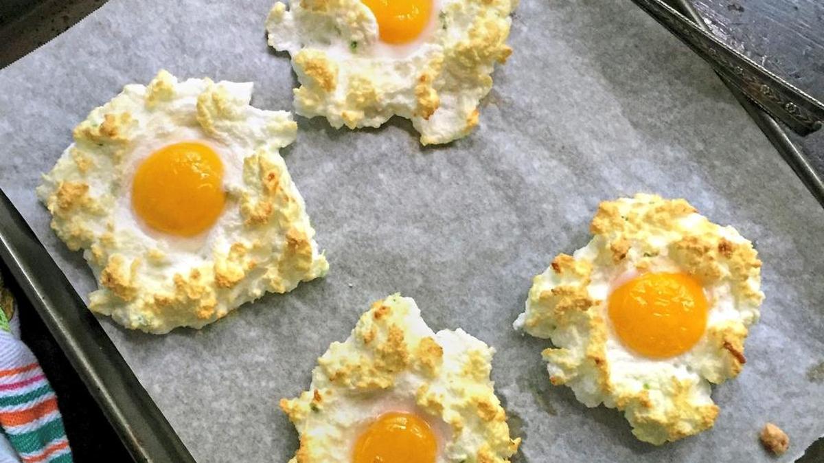 Cloud eggs are fluffy, cloud-like egg white meringues with an egg yolk nestled in the middle.