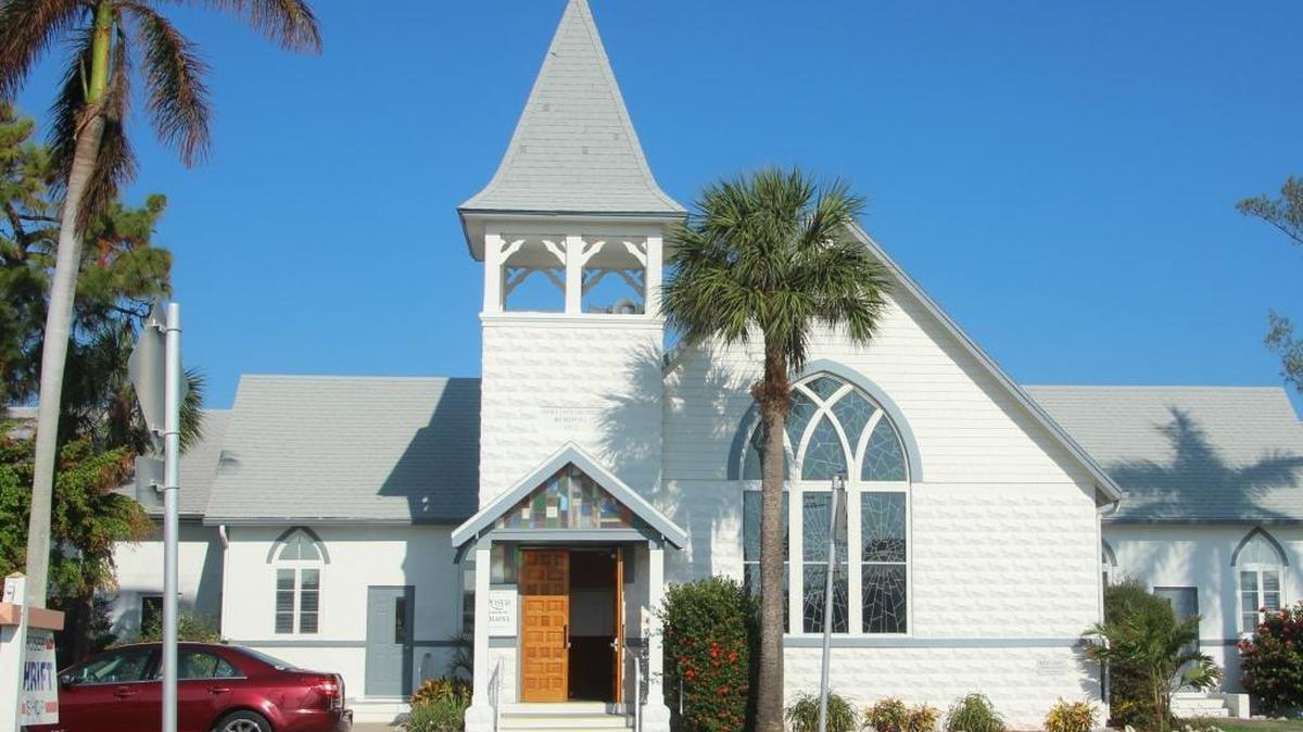 The lighted cross will soon be reattached to the steeple of the 104-year-old chapel at Roser Memorial Community Church. The cross was damaged during Hurricane Irma.