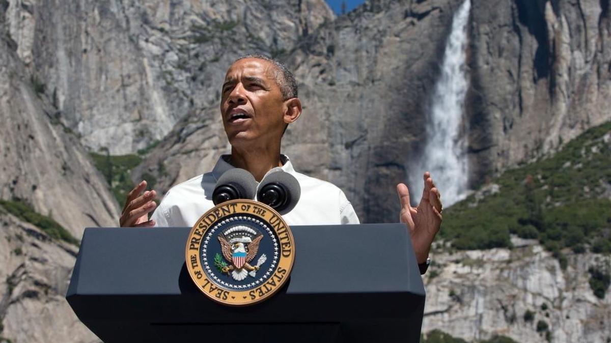 President Barack Obama speaks by the Sentinel Bridge in the Yosemite Valley, in front of Yosemite Falls, the highest waterfall in the park, at Yosemite National Park, Calif. In a new project with National Geographic, Obama becomes the first sitting U.S. president to project himself into virtual reality, in this case, a 360-degree representation of Yosemite National Park.