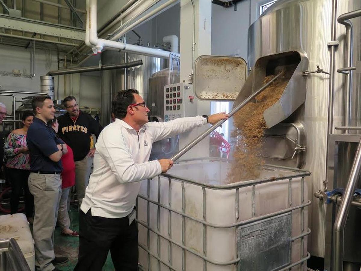 Jeff Podobnik, senior director of Florida operations for the Pittsburgh Pirates, scoops out spent grains from a specialty beer at Darwin Brewing Company in Bradenton. The beer is being specially made for the 50th year of Pirates spring training in Bradenton.