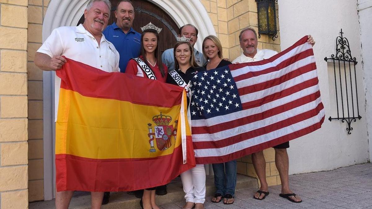 Members of the Hernando De Soto Historical Society recently traveled to Bradenton's sister city, Barcarrota, Spain. Zeke Eckerson, the 70th Hernando, Patrick Cline, the Sgt. at Arms, Queen Sarah Adams, Princess Baylee Sawdy, Padre Shannon Glasgow, Morgan Johns and Capt. Bob Richardson hold the flag of Spain along with the US flag in the courtyard of the South Florida Museum.