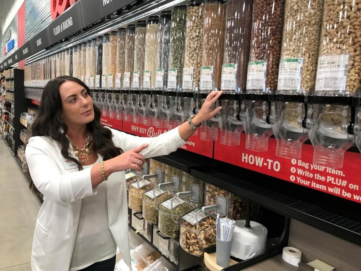 Laurie Aker, spokesperson for Earth Fare, discusses the supermarket’s offering of bulk foods. In addition to dry good, the store also sells bulk liquids, including maple syrup, olive oil, apple cider vinegar and more.