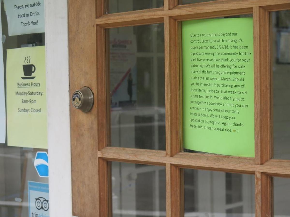 A sign on the entrance of the Latte Luna coffee shop announces that due to “circumstances beyond our control,” the shop will be closing Saturday.