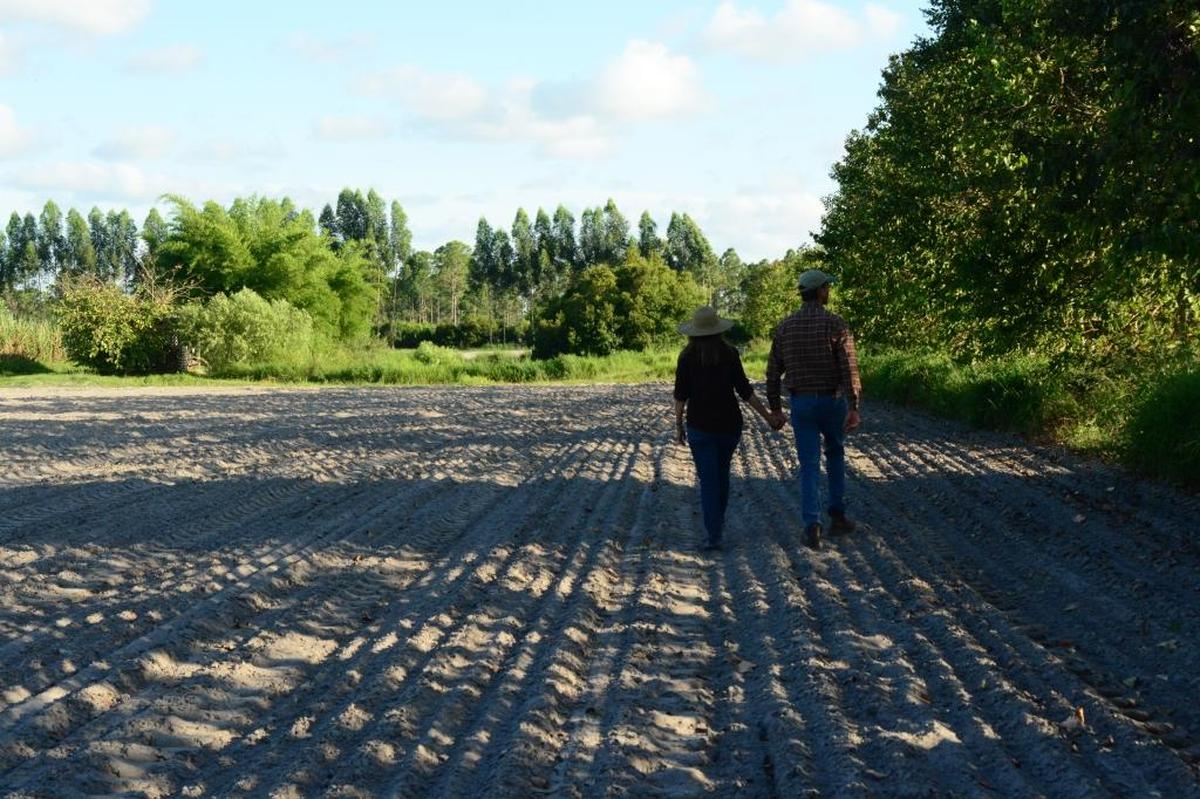 Organic farmers Chris and Eva Worden walk across one of the fields at Worden Farm.