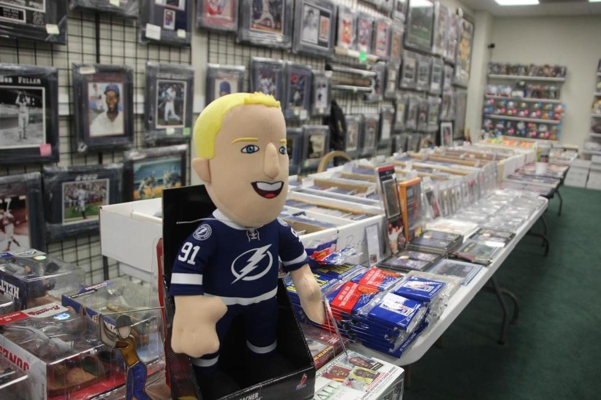 D’s Cards & Memorabilia sells everything from collector sports cards and jerseys, to collectibles from the world of entertainment, and the offbeat, such as a Larry Bird Christmas ornament, and this figure of Steven Stamkos, captain of the Tampa Bay Lightning.
