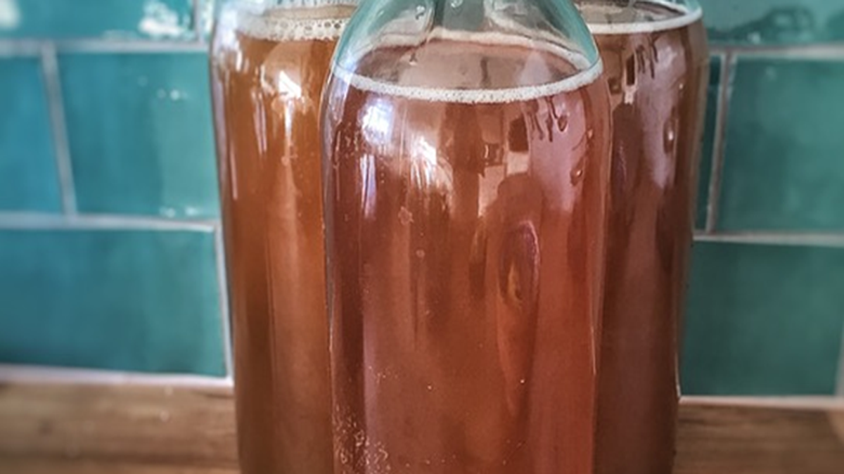 Kombucha is a fermented tea beverage is loaded with probiotics, enzymes, vitamins and essential acids.