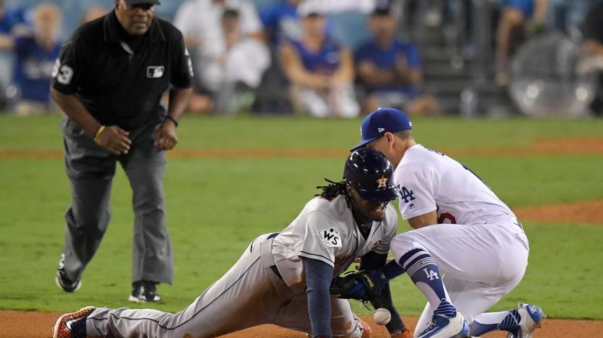 Cameron Maybin of the Houston Astros steals second base during the 11th inning of Game 2 of the World Series on Wednesday night.