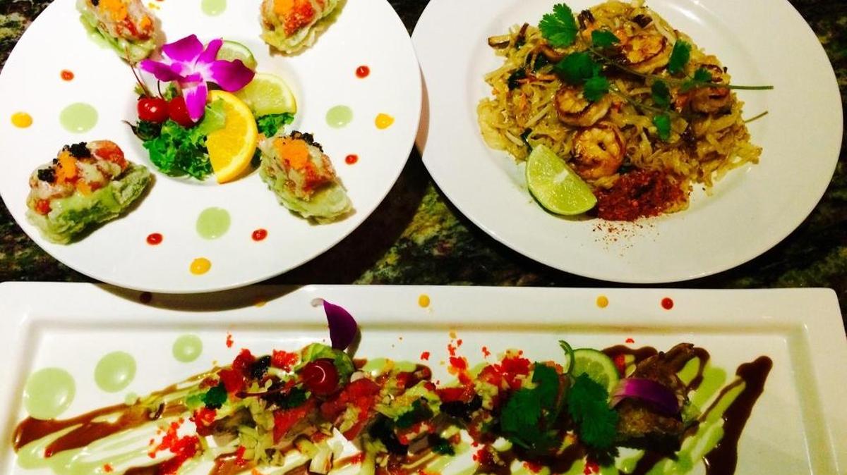Guests at Yuniku’s May 3 and 16 cooking classes will learn to make a Tuna Popper, top left, shrimp pad Thai, top right, and the Yuniku sushi roll.