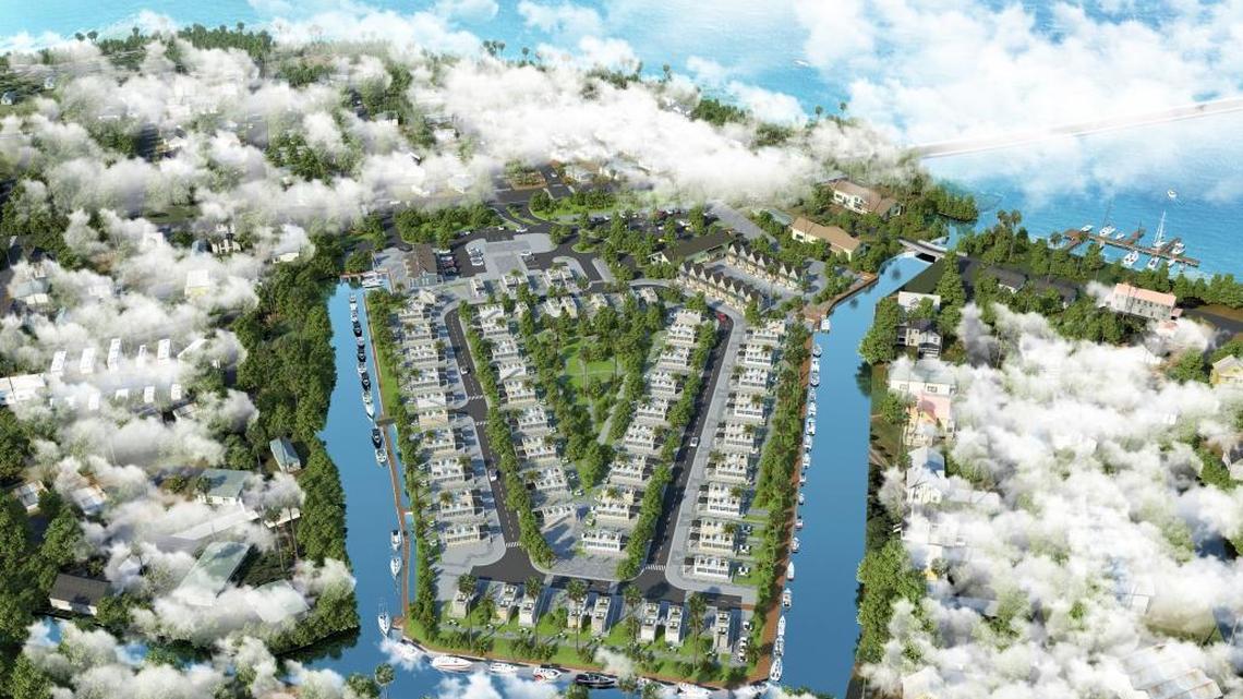 A rendering of the aerial view from the north of Hunters Point. Hunters Point is a 148-cottage development proposed for almost 14 acres just east of the Cortez Bridge and north of Cortez Road West.