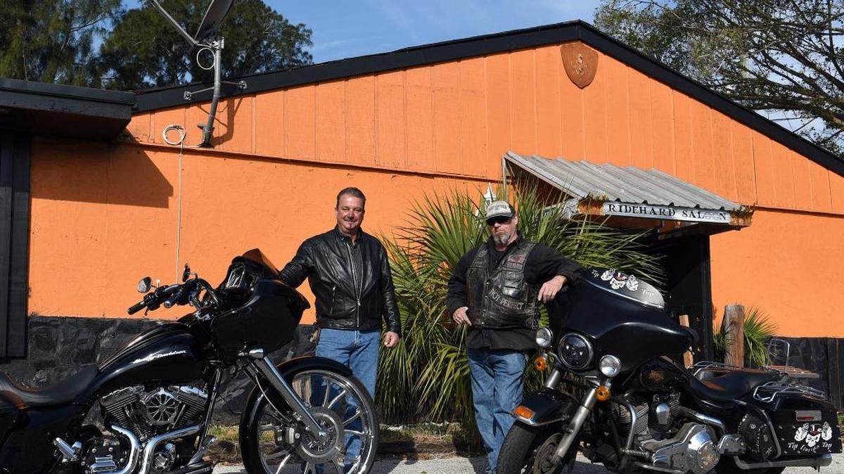 The former J&J Bar-B-Que location, 2620 9th St. W., has reopened as the Ride Hard Saloon. Owners George Smith and Jesse Mullen stand out front with their Harley’s.