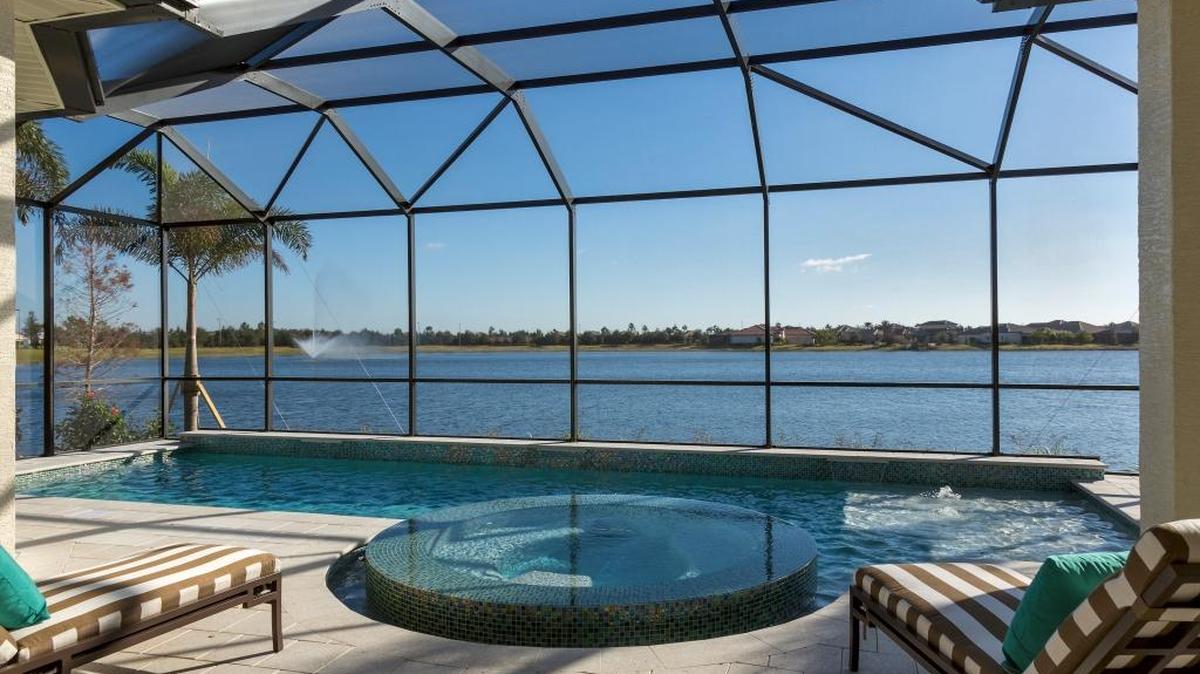 A photo of a pool from the Palmavera, a floorplan used in Collingtree at Country Club East in Lakewood Ranch.