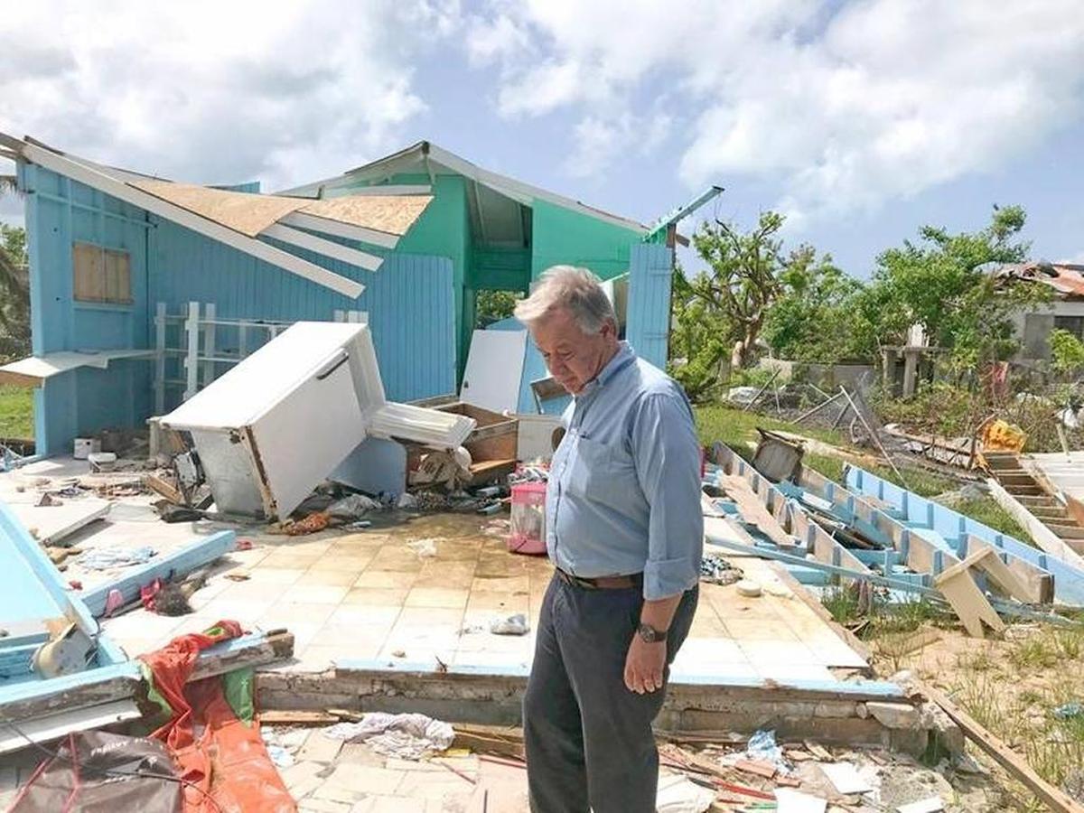 United Nations Secretary-General Antonio Guterres visits the hurricane-ravaged island of Barbuda in October 2017, weeks after it was decimated by Hurricane Irma. He called it “Paradise transformed into hell.” 