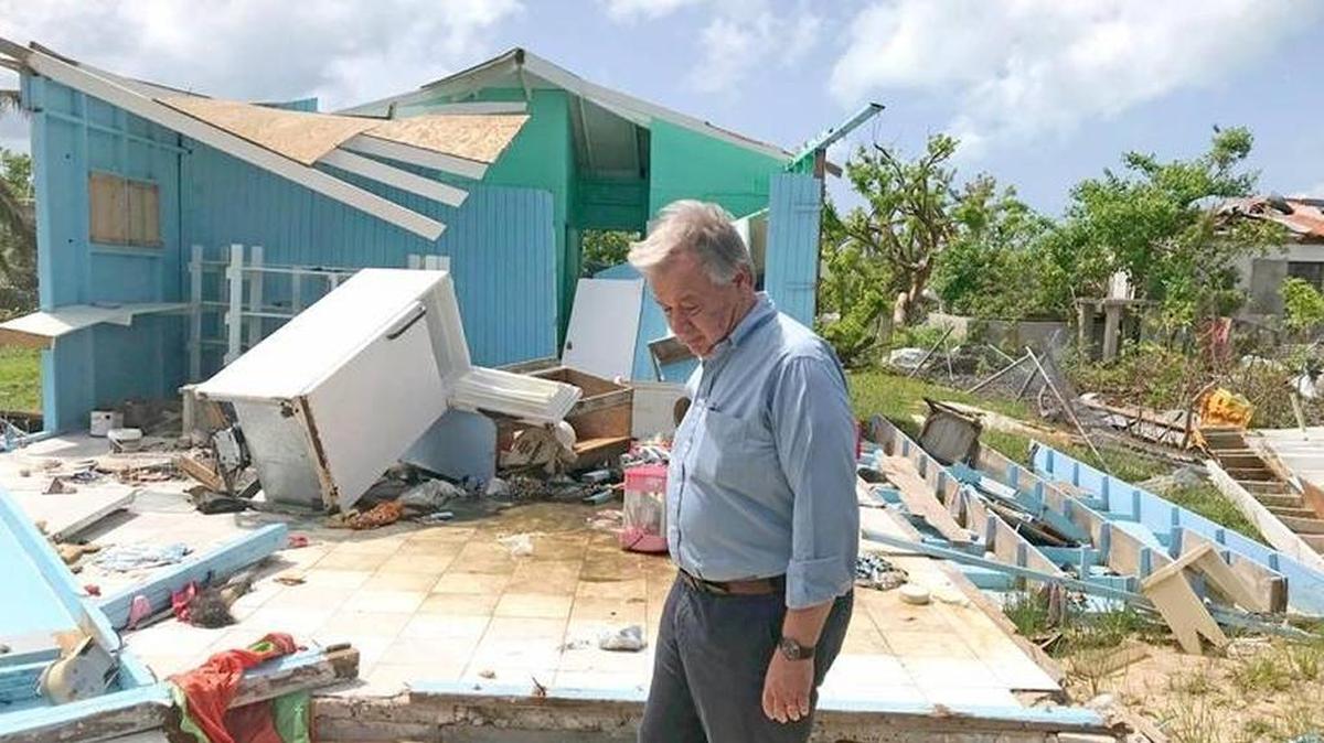 United Nations Secretary General Antonio Guterres visits the hurricane-ravaged island of Barbuda in October, weeks after it was decimated by Hurricane Irma. He called it, “Paradise transformed into hell.”