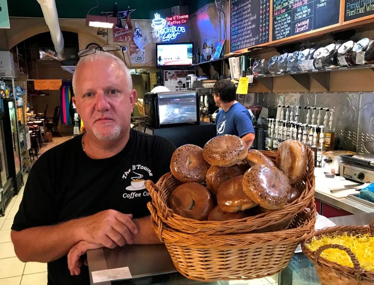 Mike Gold of The B’Towne Coffee Co. reopened his business on Tuesday to a warm reception from his customers.