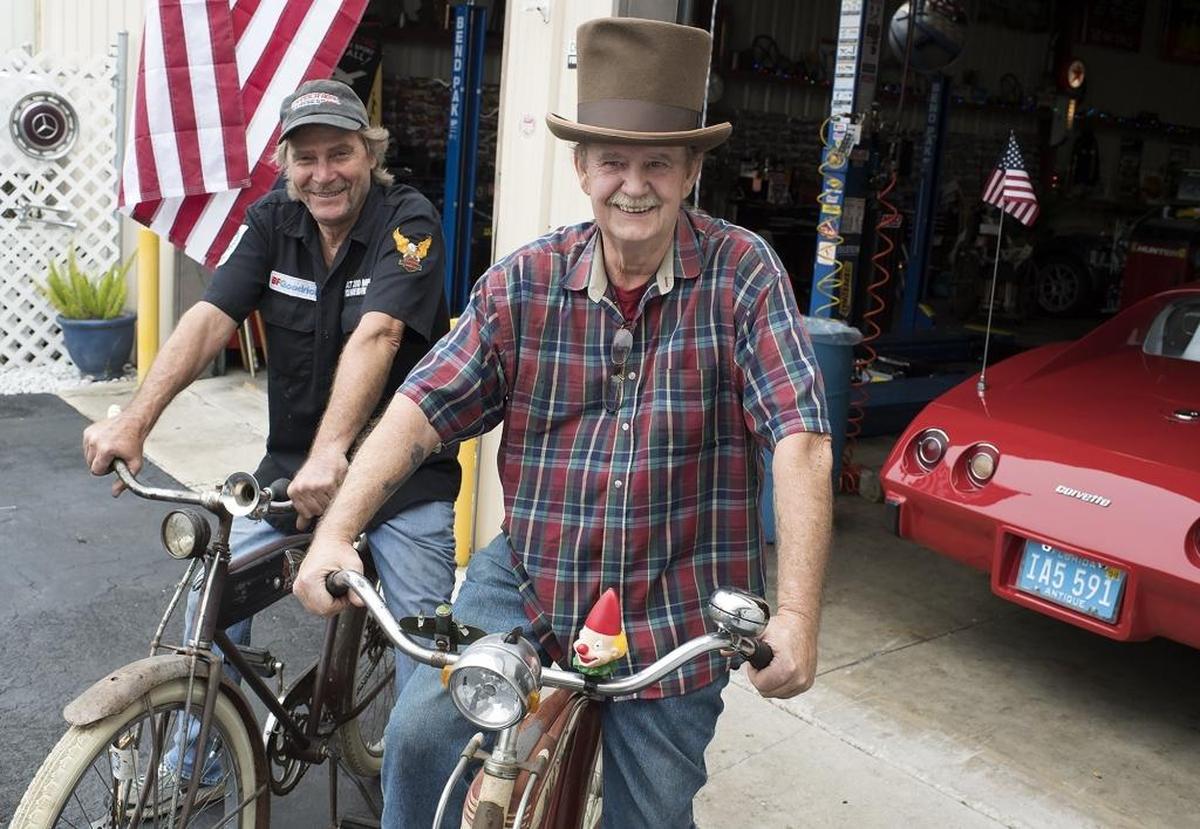 Bradenton resident Travis Palmer, right, shown with Thunder Road Classics president Brian Jorgensen, was featured on an episode of “American Pickers.” Palmer joined the car club after relocating to Bradenton three years ago.