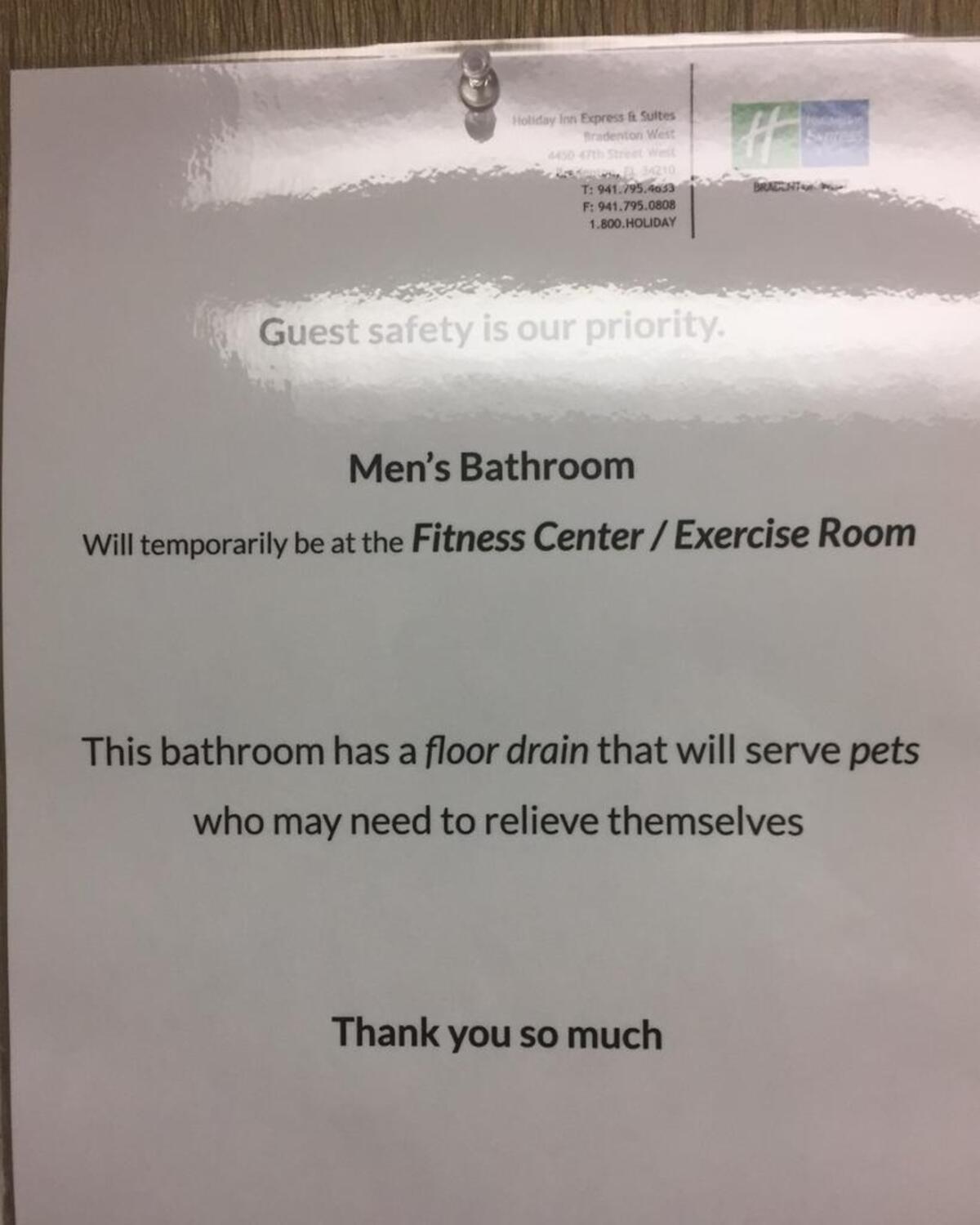 The Holiday In Express & Suites Bradenton West reserved a bathroom for pets during Hurricane Irma. The hotel relaxed its pets policy during the storm.