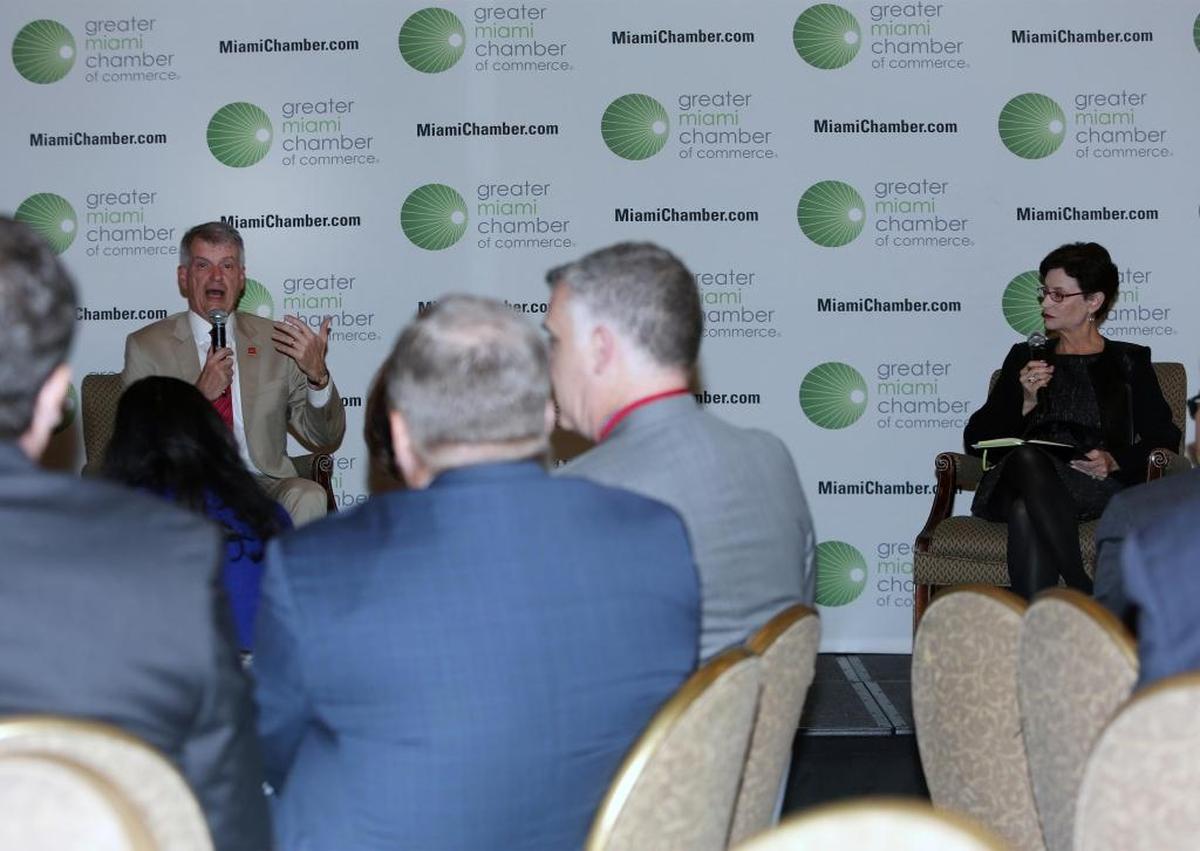 Wells Fargo CEO Tim Sloan chats with Miami Herald business editor Jane Wooldridge at the Greater Miami Chamber of Commerce economic summit.