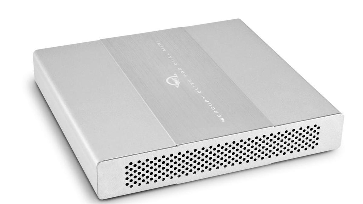 The OWC Mercury Elite Pro Dual mini external hard drive.