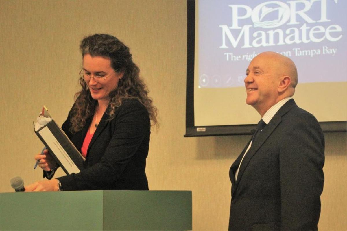 Port Authority attorney Jennifer Cowan briefs members on their performance review of Port Manatee executive director Carlos Buqueras during Thursday’s meeting.