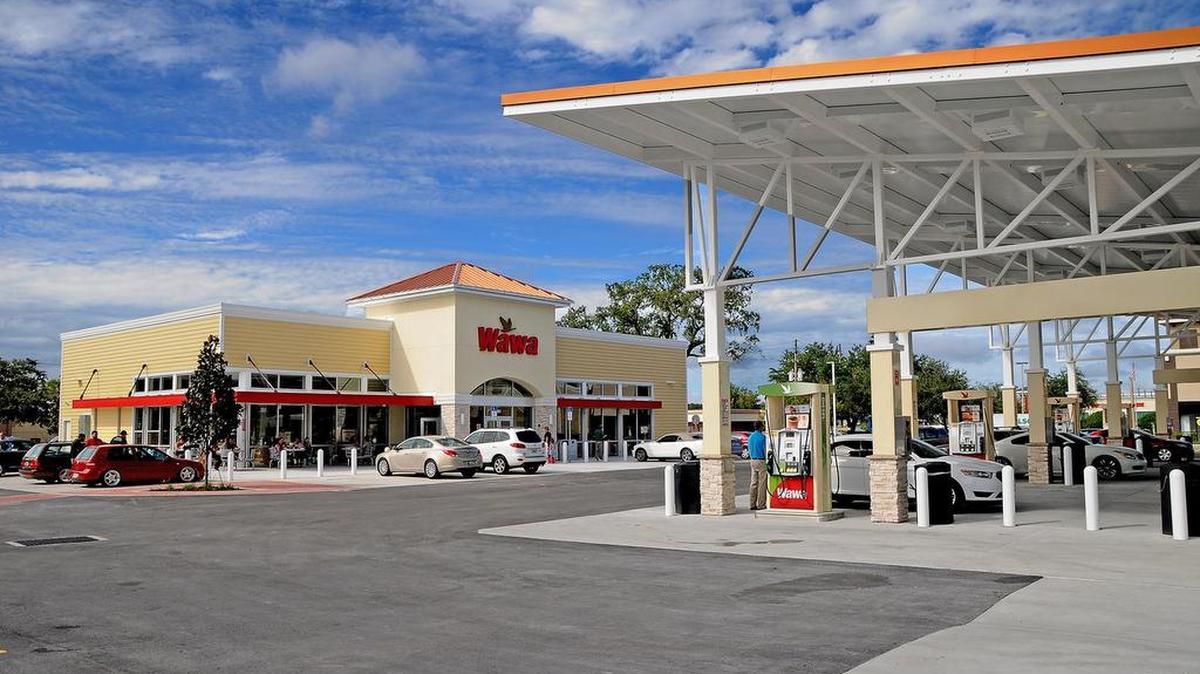 Rendering of the outside of a Florida Wawa convenience store.