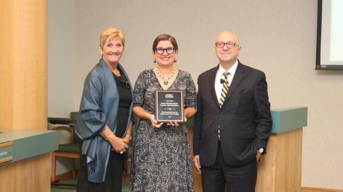 Manatee County Port Authority Chair Vanessa Baugh, Guatemalan Trade Commissioner Dunia Miranda-Mauri and Port Manatee Executive Director Carlos Buqueras pose for a photo after the Port Authority meeting where Miranda-Mauri discussed opportunities for Guatemala at the port.
