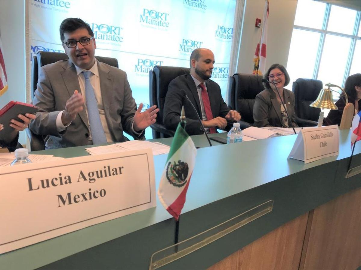 Sacha Garafulic of Chile, Juan Barrera of Colombia, and Dunia Miranda-Mauri of Guatemala were among those representing their countries at the International Trade Hub meeting on Thursday at Port Manatee.