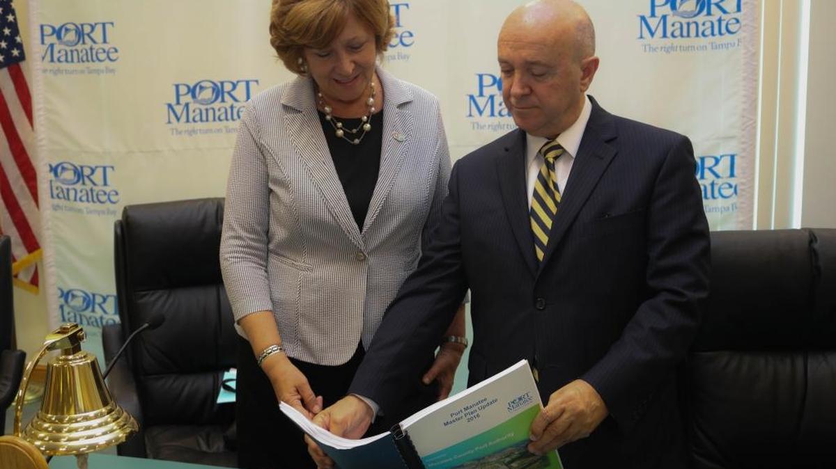 Manatee County Port Authority Chair Betsy Benac and Port Manatee Executive Director Carlos Buqueras reviewing the 2016 Port Manatee Master Plan Update.