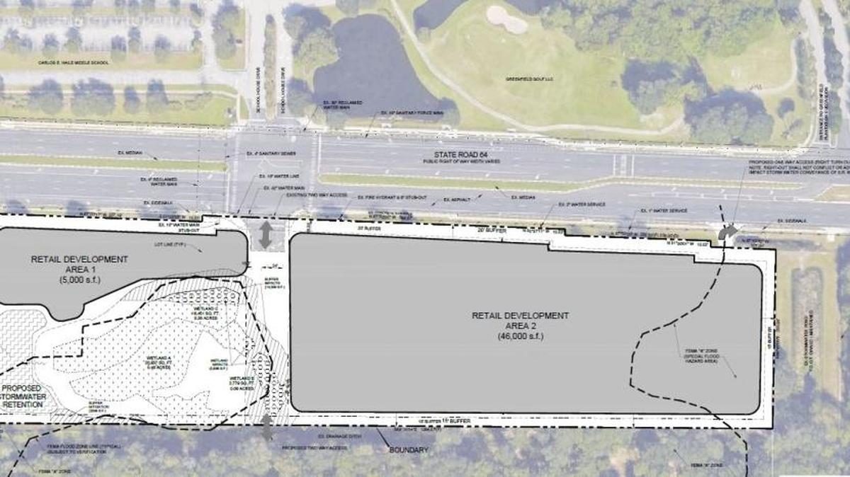 A roughly 50,000 square-foot retail development is planned for land south of State Road 64 between Interstate 75 and Lakewood Ranch Boulevard. Floridian Properties LLC filed plans with Manatee County beginning in May.