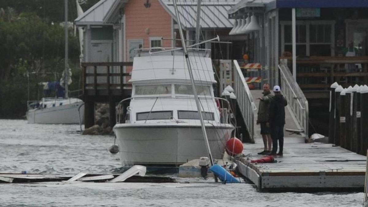 Boats and debris blown into the Historic Bridge Street Pier by Tropical Storm Colin damaged a floating day dock at the pier.