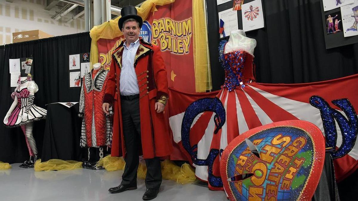 Casey Rodgers, vice president of finance and strategic planning for Feld Entertainment, smiles about the too-small top hat as he tries on a ringmaster’s coat at the company’s wardrobe department. In Manatee County’s backyard, Feld Entertainment produces famous shows like the Ringling Brothers and Barnum & Bailey Circus, which will perform for the last time on Sunday, May 21.