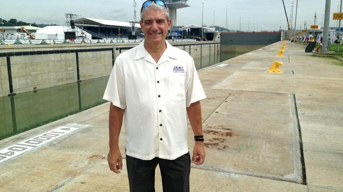 Matty Appice, Port Manatee’s chief commercial officer, smiles at newly expanded lock facilities of the Panama Canal.