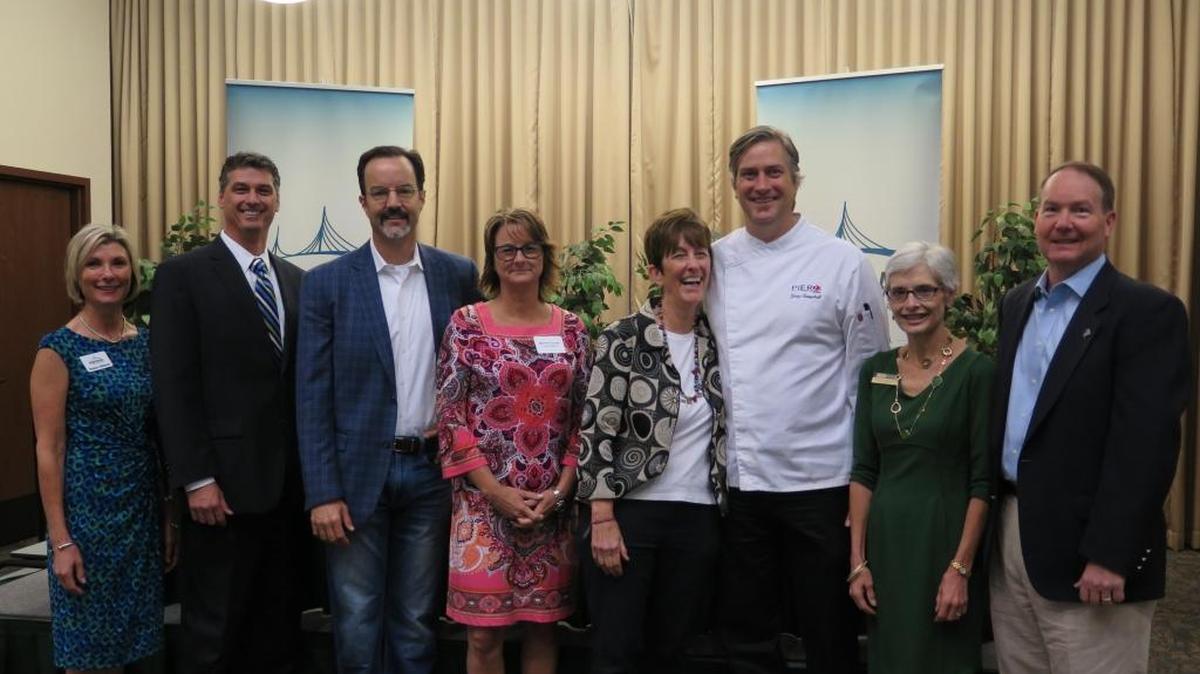 The Bradenton Area Economic Development Corporation hosted a panel Thursday morning focused on achieving their goal of creating a culinary market district in Manatee County. From left to right: Sharon Hillstrom, president and CEO of the Bradenton Area EDC; Mike Moschella, Bradenton Area EDC chairman; Joe Aksren, director of Culinary Innovation Lab at University of South Florida Sarasota-Manatee; Marsha Forrest, president of Central Market; Johnette Isham, Executive Director of Realize Bradenton; Greg Campbell, head chef and general manager of Pier 22; Dr. Sandra Stone, regional chancellor of University of South Florida Sarasota-Manatee and Russ Vernon, president and founder of Healthy Earth, Inc.