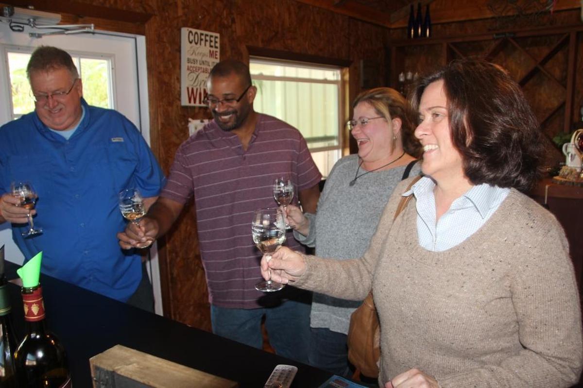 Tasting wines at Fiorelli Winery recently were, from left, David Travis, Ryan Crawford, Diane Crawford and Karen Travis.