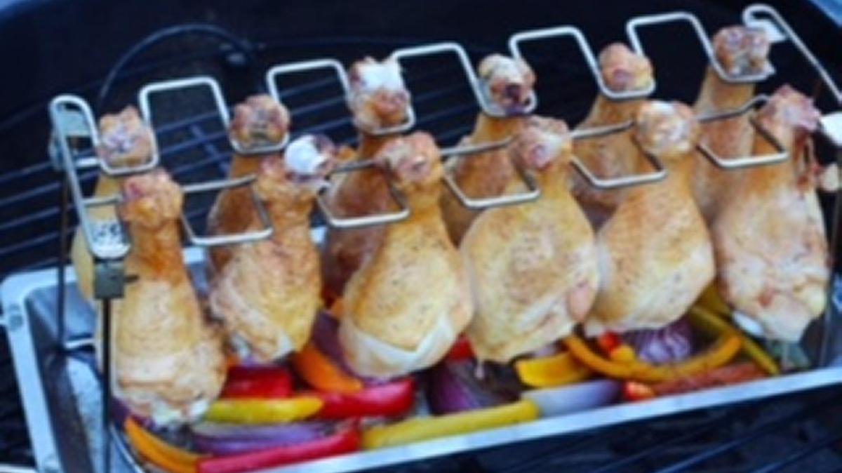 Chicken Wing & Leg Rack pan drip system fits up to 12 wings, legs, thighs or drumsticks for cooking simultaneously on a grill, oven or smoker.