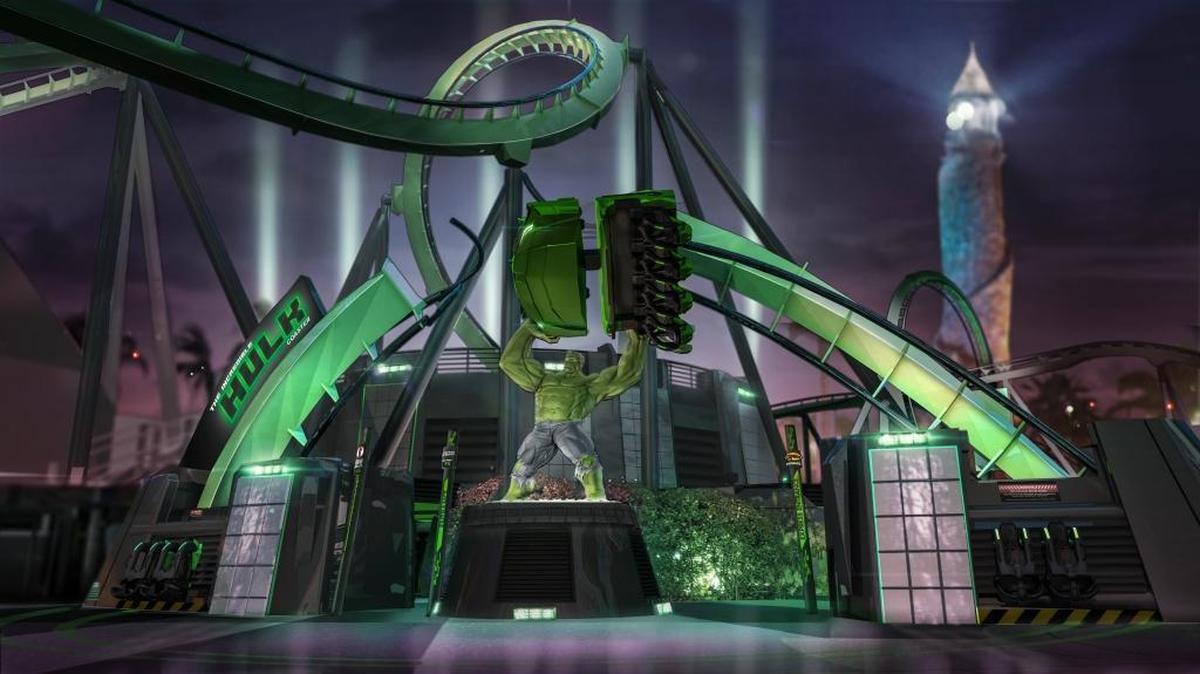 The entrance to the Incredible Hulk Coaster, which was revamped in 2015-2016 and reopened with a sleek new ride vehicle, an original ride score, a new storyline and a redesigned queue experience.