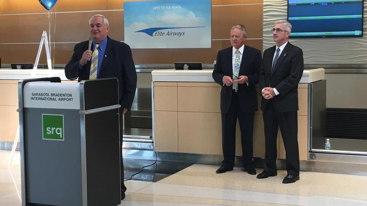 Elite president John Pearsall was joined by Sarasota Manatee Airport Authority chairman John Stafford and Sarasota Bradenton International Airport president and CEO Fredrick “Rick” Piccolo for Thursday’s announcement.