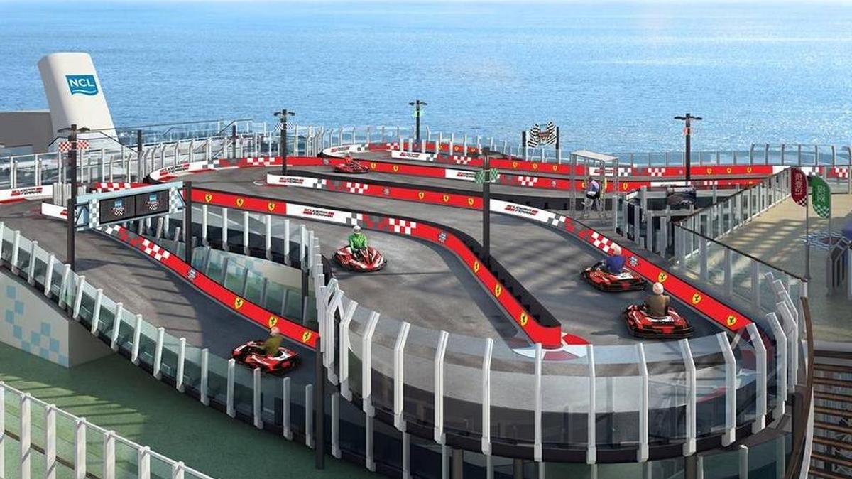 A rendering of the Ferrari-branded racetrack coming to Norwegian Cruise Line’s Norwegian Joy, which will sail from Shanghai in June.