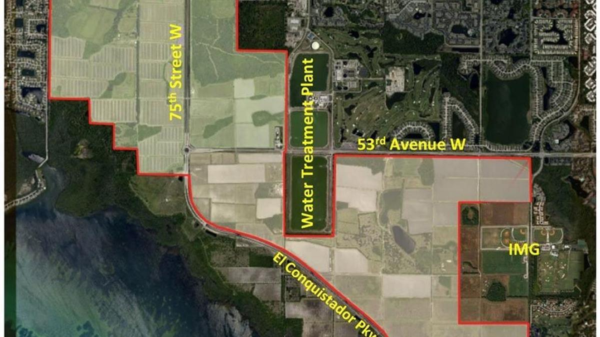 A map of Whiting Preston’s planned Lake Flores development shows the boundaries of the project. In September, Preston sold nearly 19 acres of land to IMG Academy, where the sports academy will build a hotel and athletic fields.