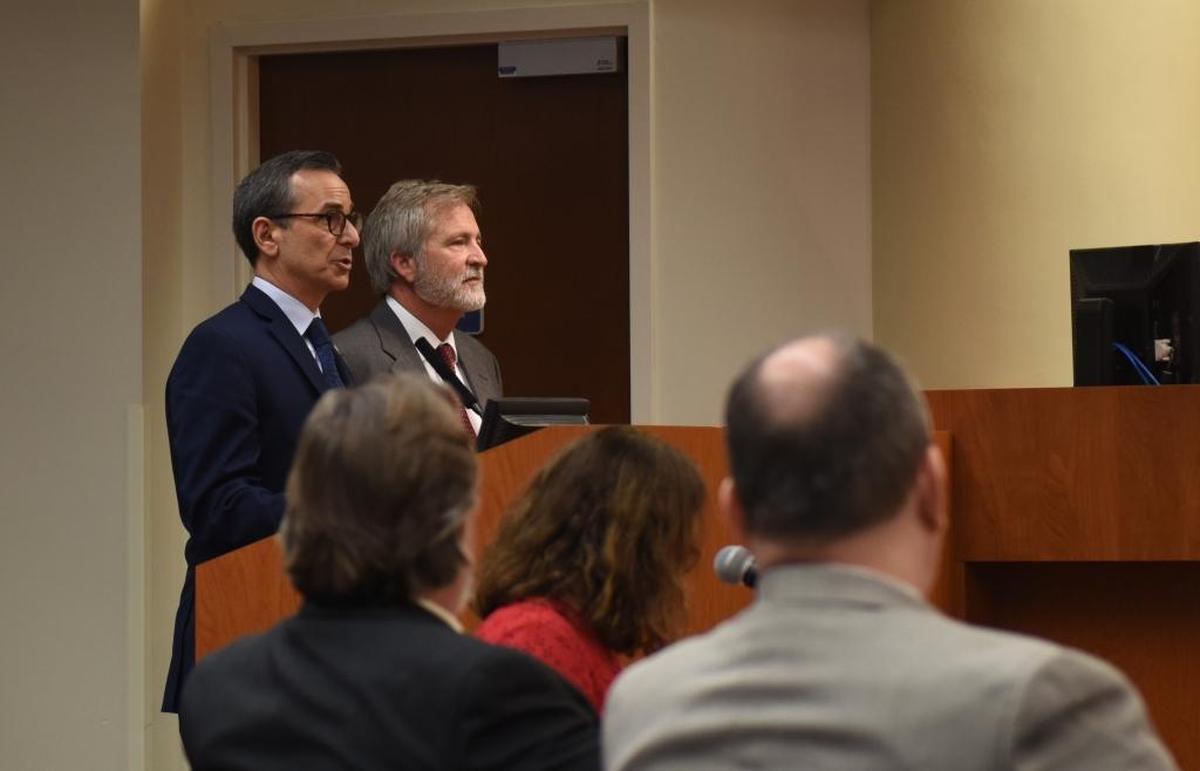 Developer Marshall Gobuty and attorney Caleb Grimes speak with commissioners about Gobuty’s Hunters Point project, which gained support from commissioners during a land use meeting Thursday.