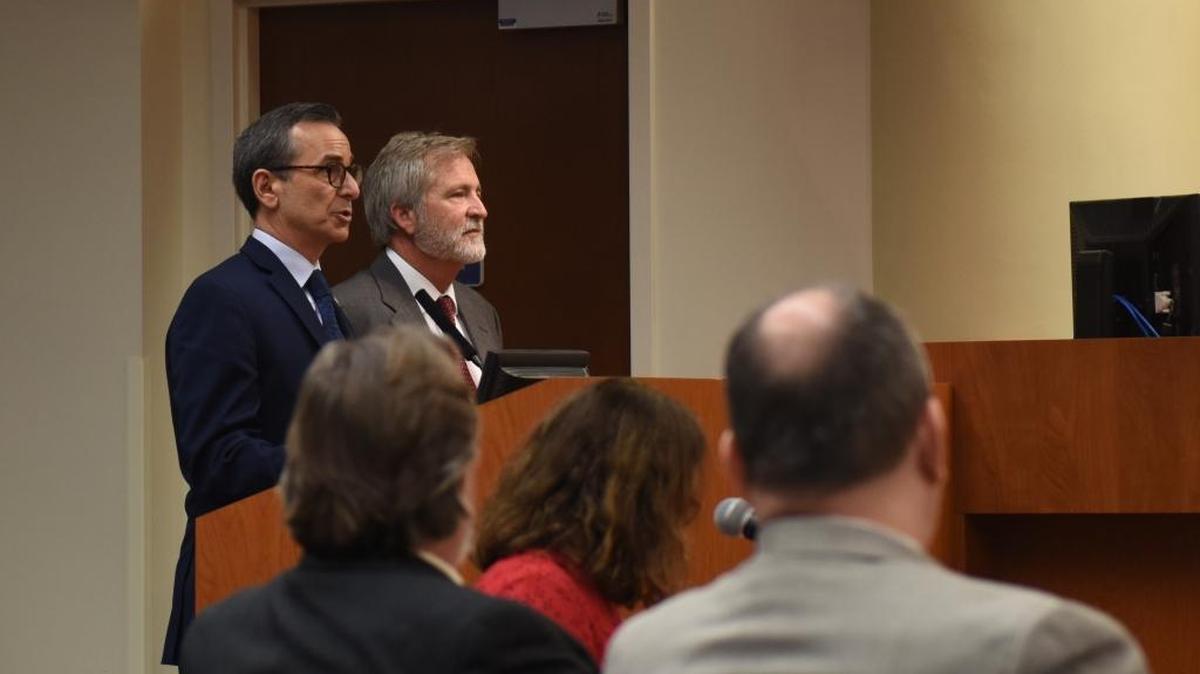 Developer Marshall Gobuty and attorney Caleb Grimes speak with commissioners about Gobuty’s Hunters Point project, which gained support from commissioners during a land use meeting Thursday.