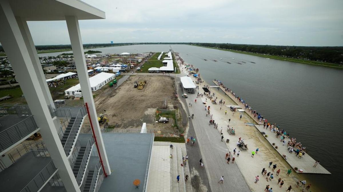 A view from the new viewing tower shows the action during the US Rowing Youth National Championships on Sunday at Nathan Benderson Park.