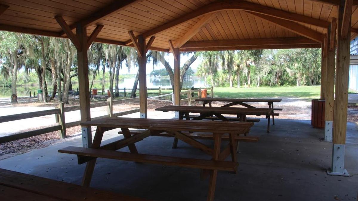 Fort Hamer Park now has a covered pavilion with picnic tables, facing onto the Upper Manatee River.