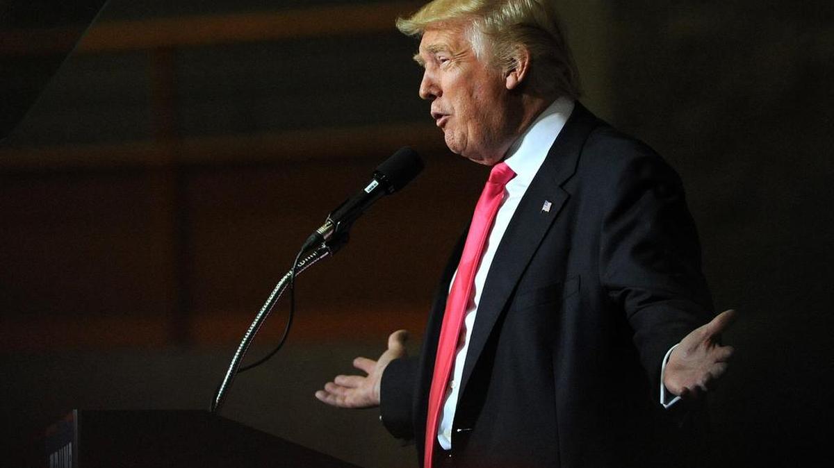 Donald Trump gives a speech at a campaign stop in Tampa at the State Fairgrounds in August 2016.