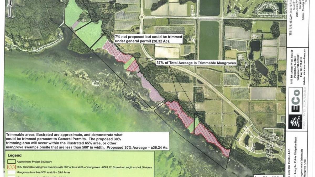 This aerial map from E Co Consultants, the consulting firm for Long Bar Pointe LLLP, shows where the mangroves are on their proposed mitigation bank. Long Bar reapplied for a state permit just a week after withdrawing their application.