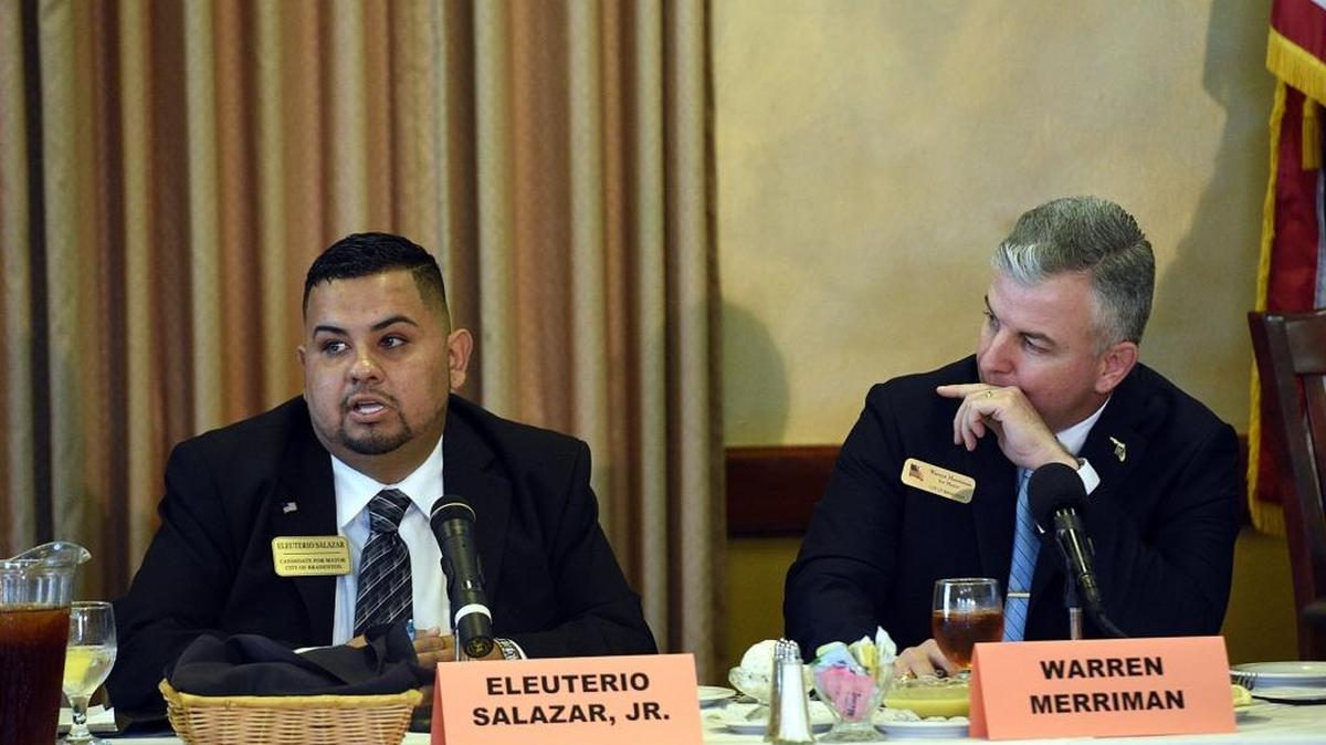 Bradenton mayoral candidates Eleuterio Salazar, Jr. and Warren Merriman debate at the Tiger Bay Club meeting.
