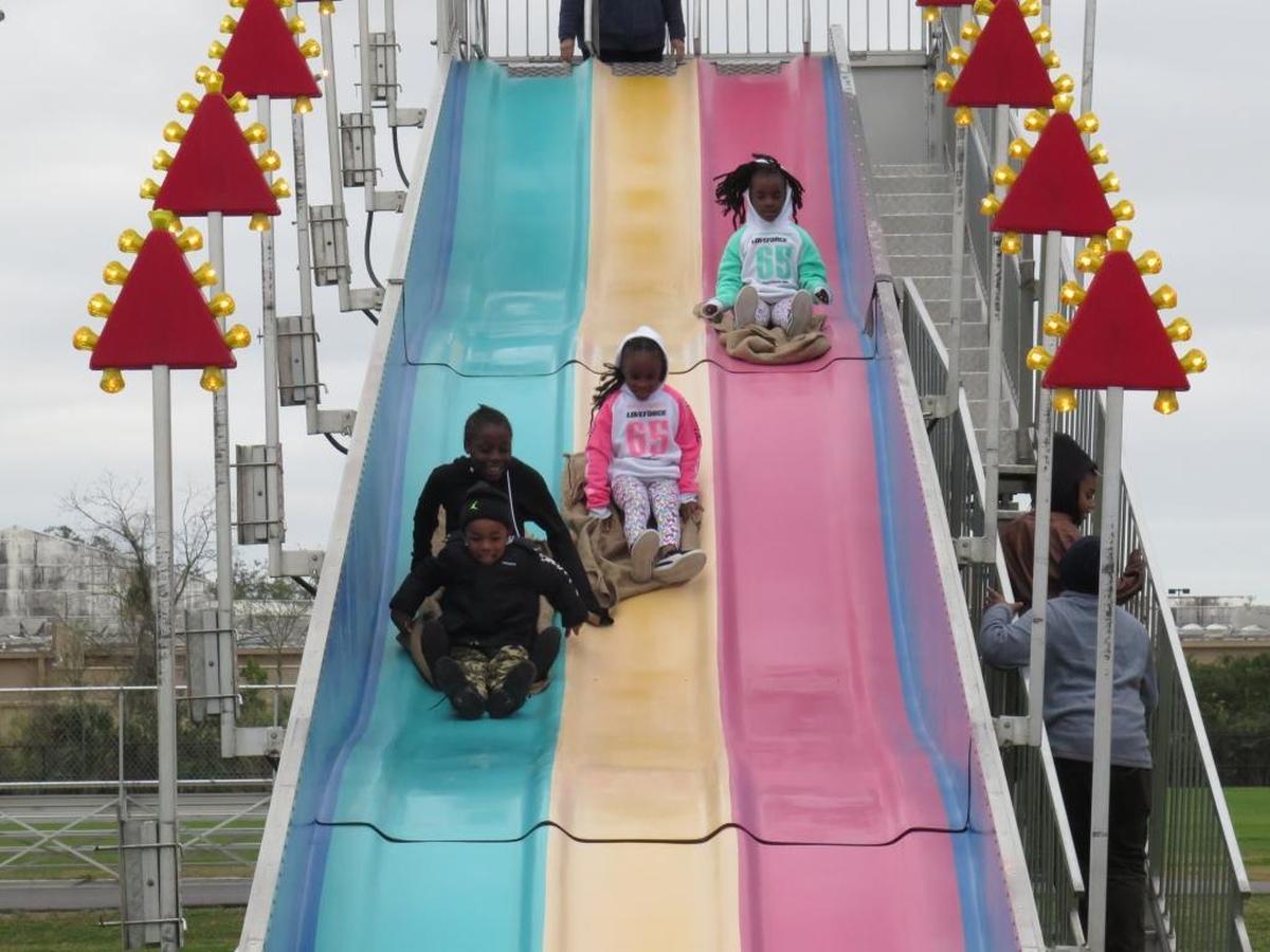 Children slide down a 30-foot-tall slide at the Multicultural Festival and Youth Extravangza Saturday afternoon at Lincoln Park in Palmetto.